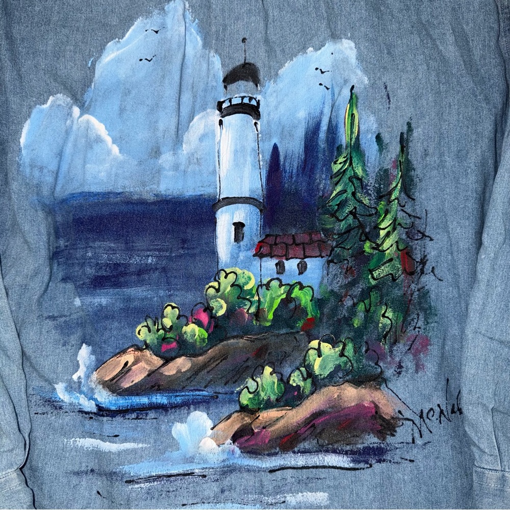 Vintage hand‎ painted lighthouse denim button up. L - Picture 3 of 5